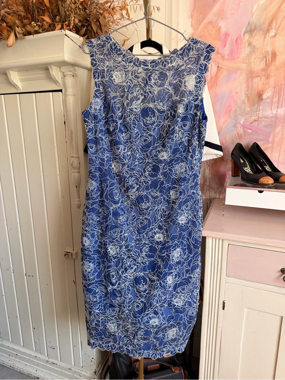 Blue Floral Lace Sheath Dress